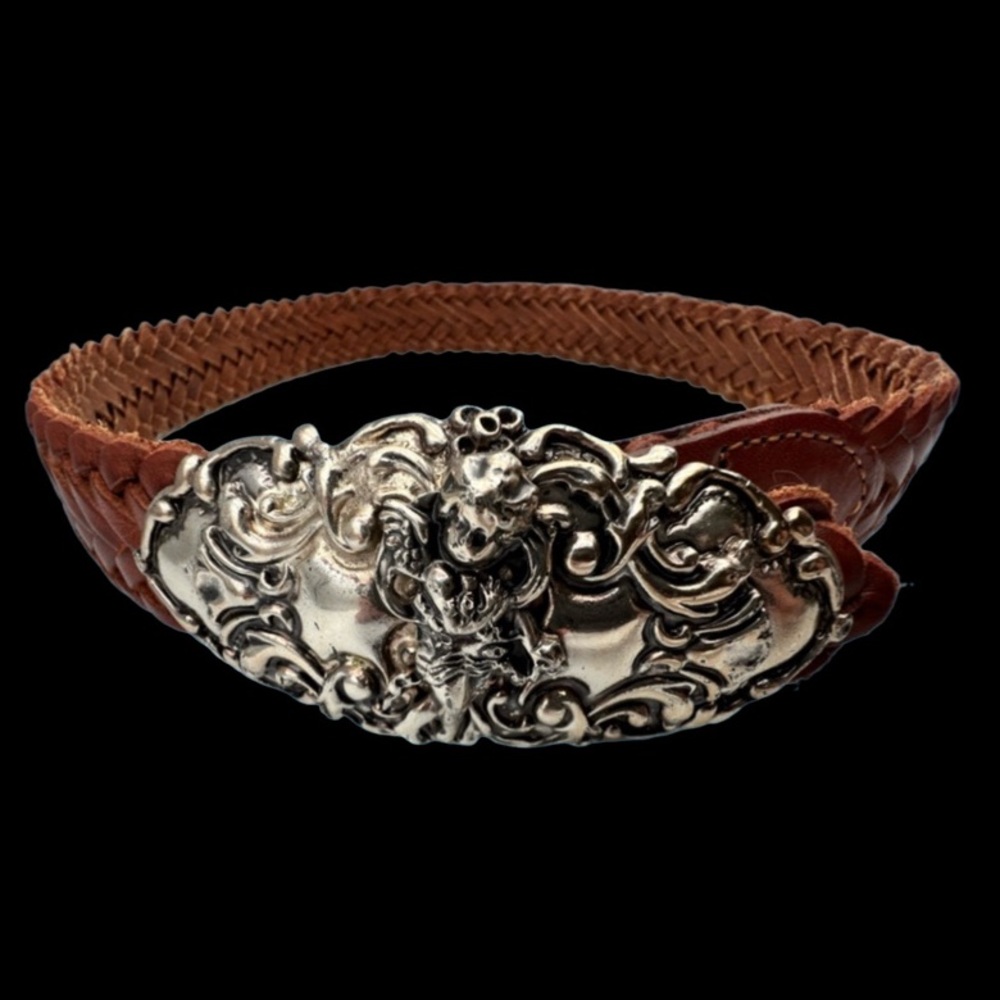 Brown Navasota Brown Leather Braided Belt with Silver Cherub Buckle.